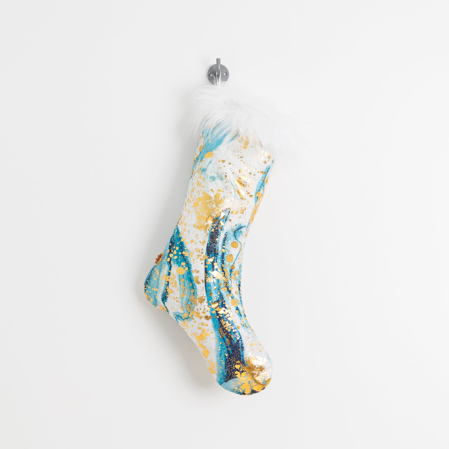 blue & gold xmas stocking with faux fur trim
