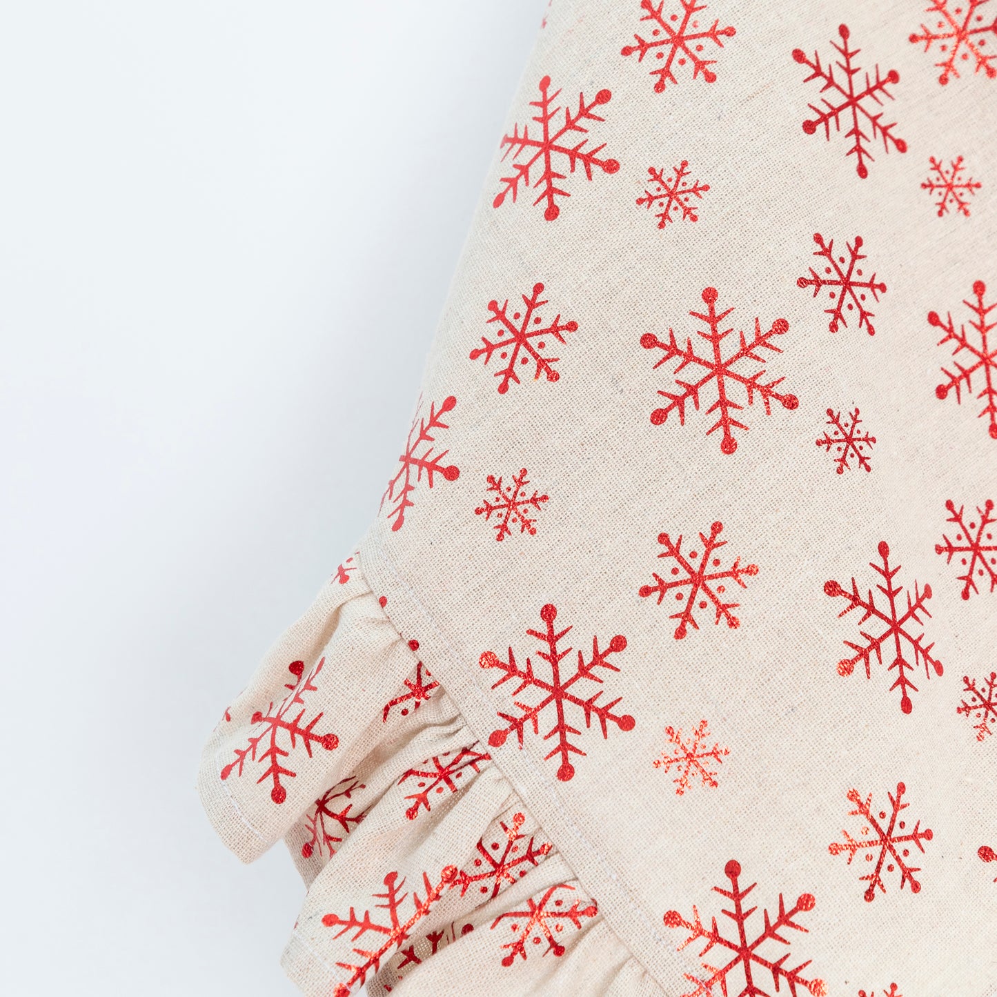 Close up of Christmas Tea Towel - Snowflake with ruffle trim