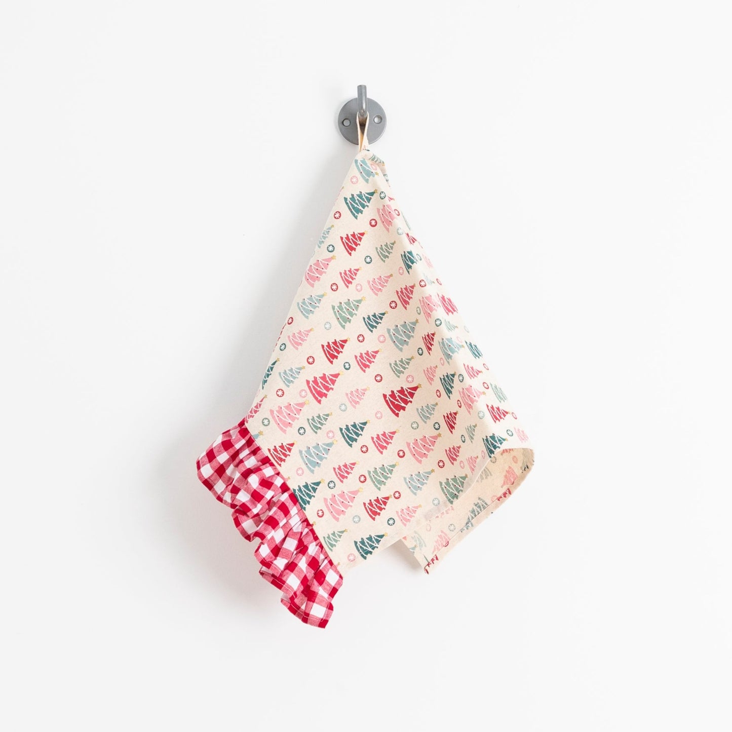 Christmas Tea Towel - Xmas Tree with red gingham ruffle trim