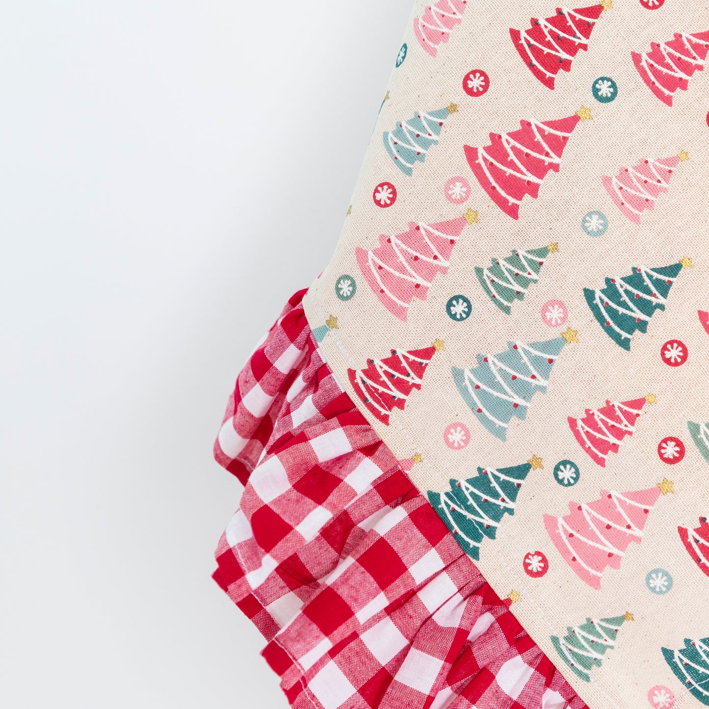 close up of Christmas Tea Towel - Xmas Tree with red gingham ruffle trim