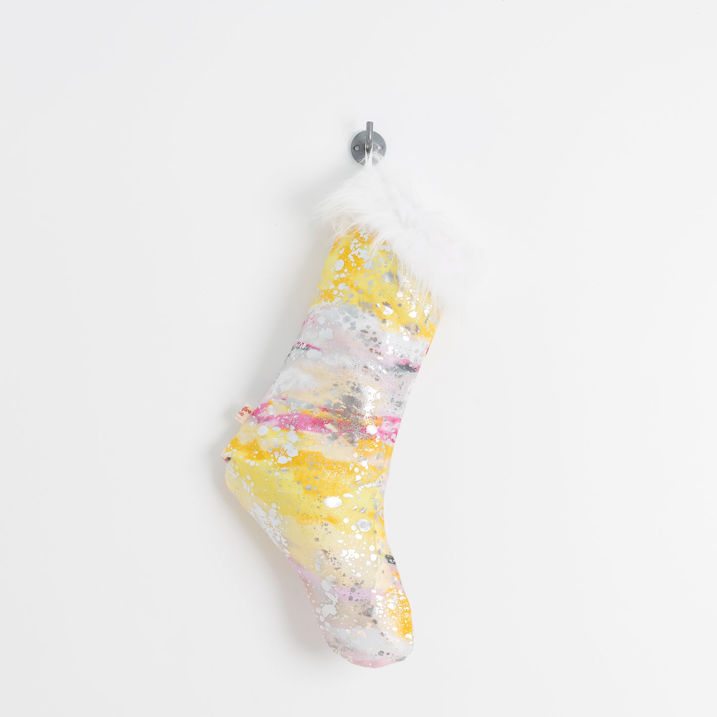 pink, yellow & silver xmas stocking with faux fur trim