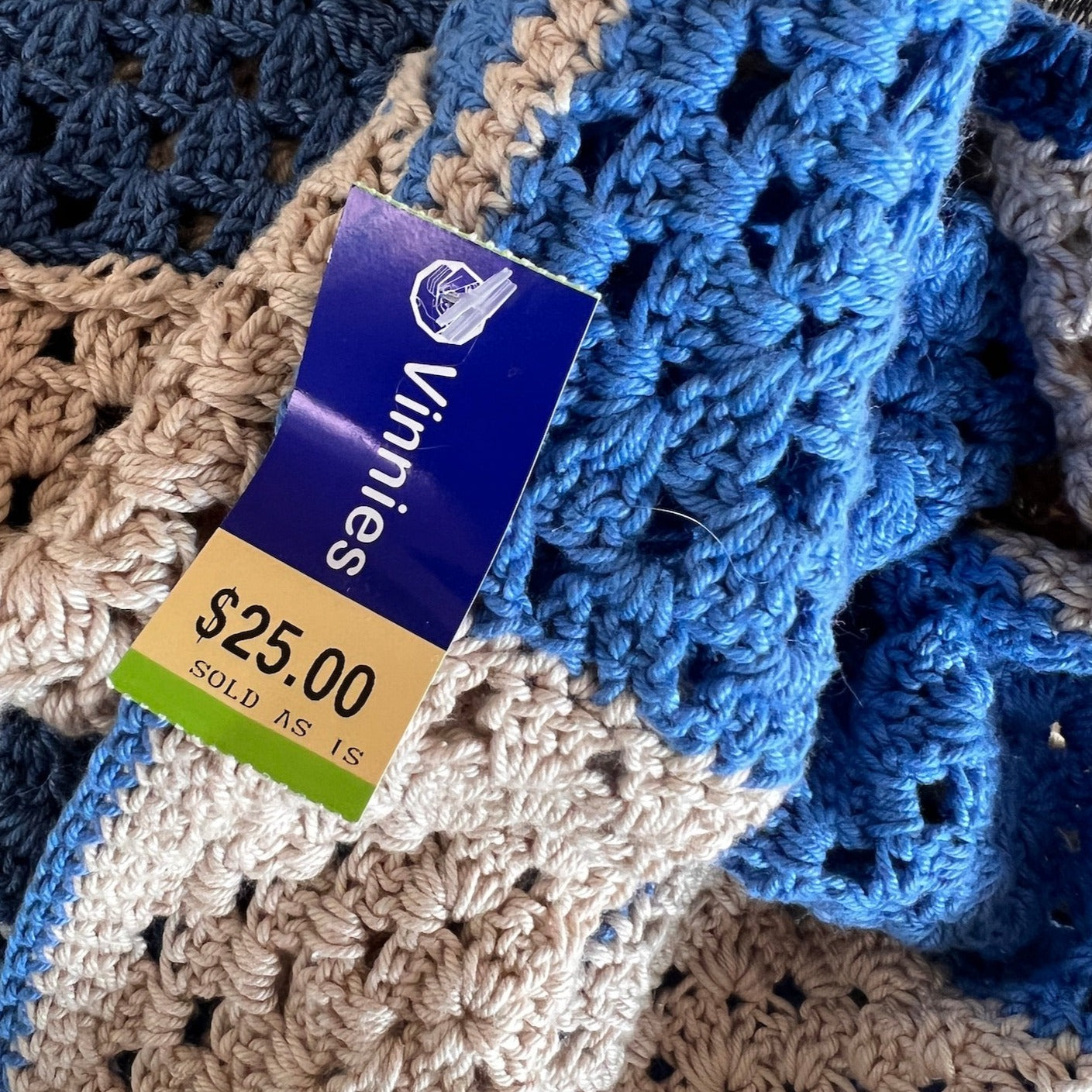 blue and cream crochet rug - found at Vinnies