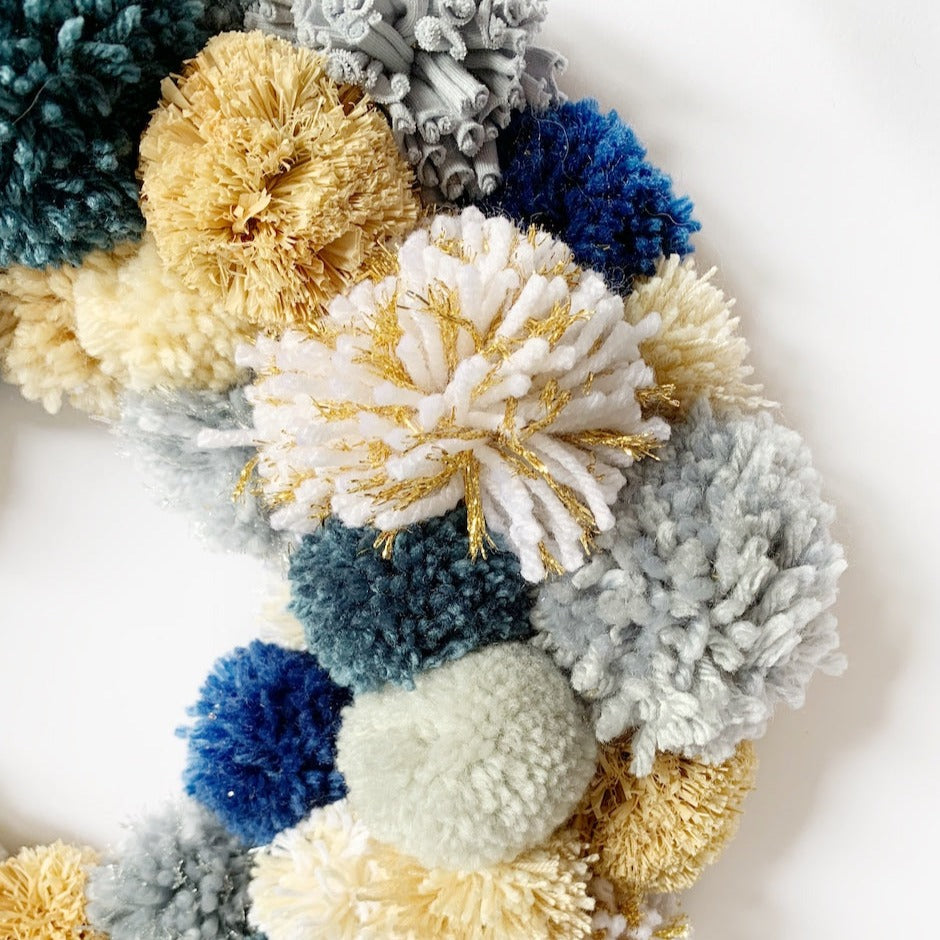 custom request for blues/creams pom pom wreath by the seaside