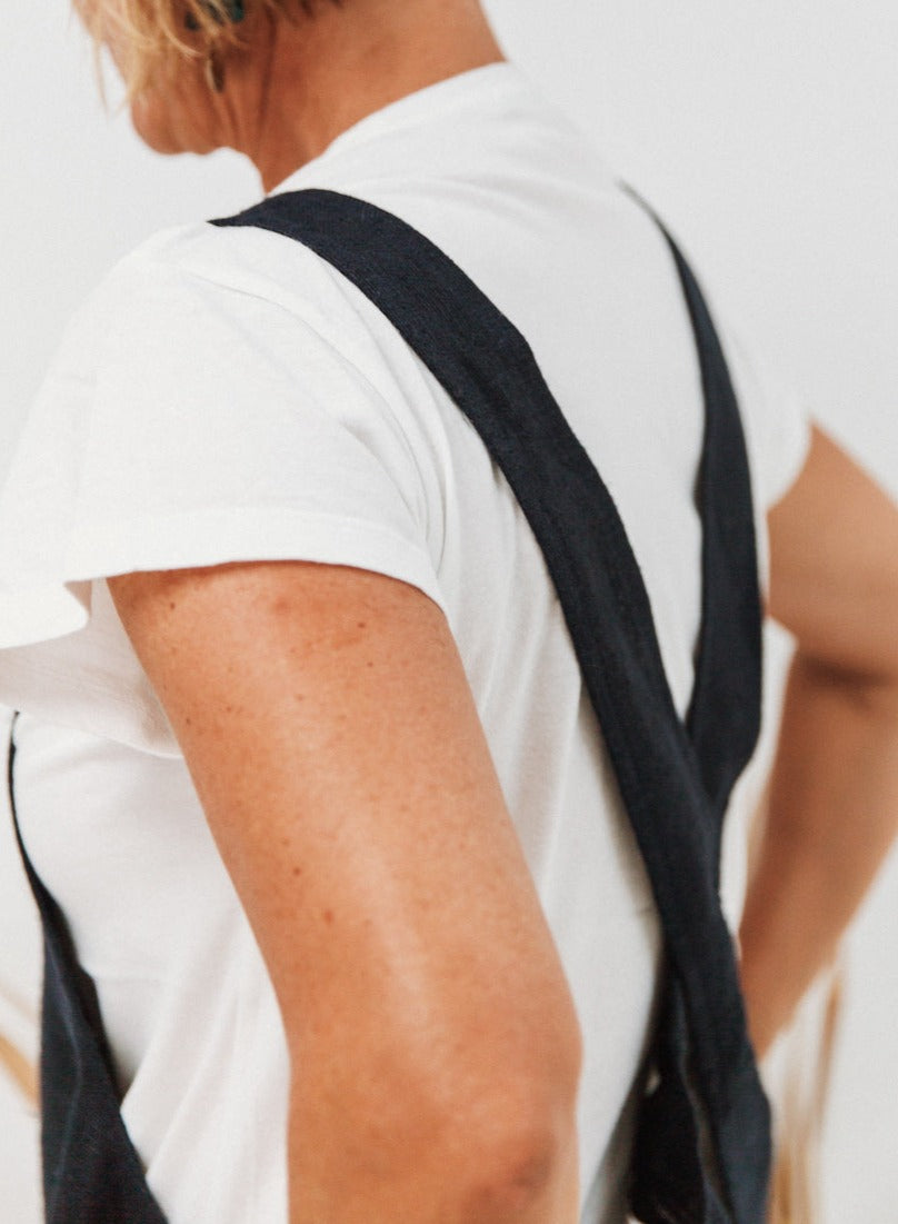 navy linen, cross back apron