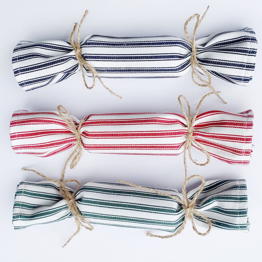 blue, red and green ticking fabric bon bons