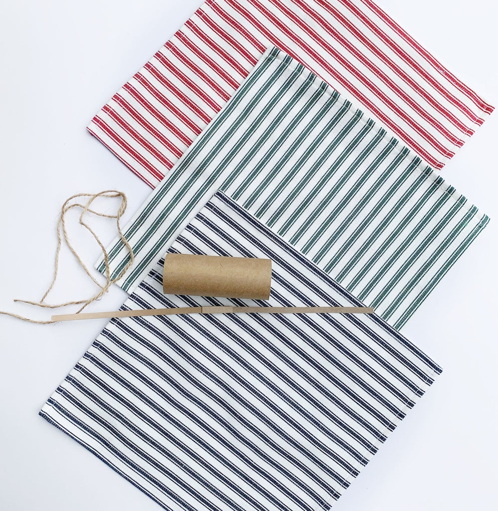 3 x colours of ticking fabric napkins with bonbon snap