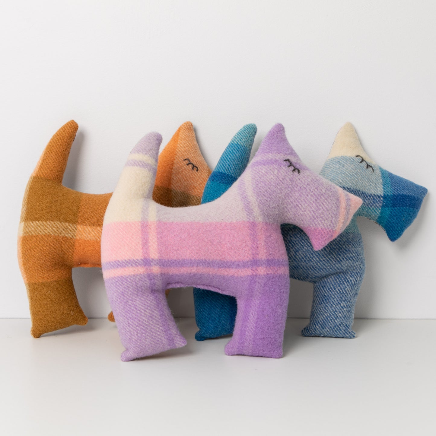 upcycled blanket Scotty Dogs. 3 x dogs standing on white background