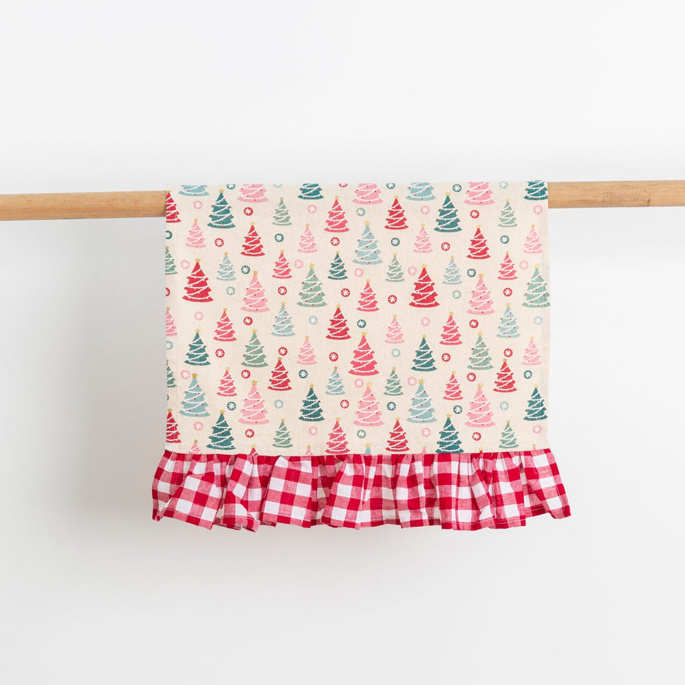 Christmas Tea Towel - Xmas Tree with red gingham ruffle trim