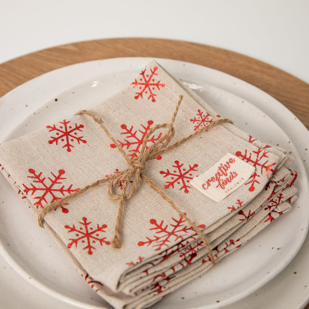 
                  
                    set 4 Christmas Snowflake Napkins folded and tied with string
                  
                