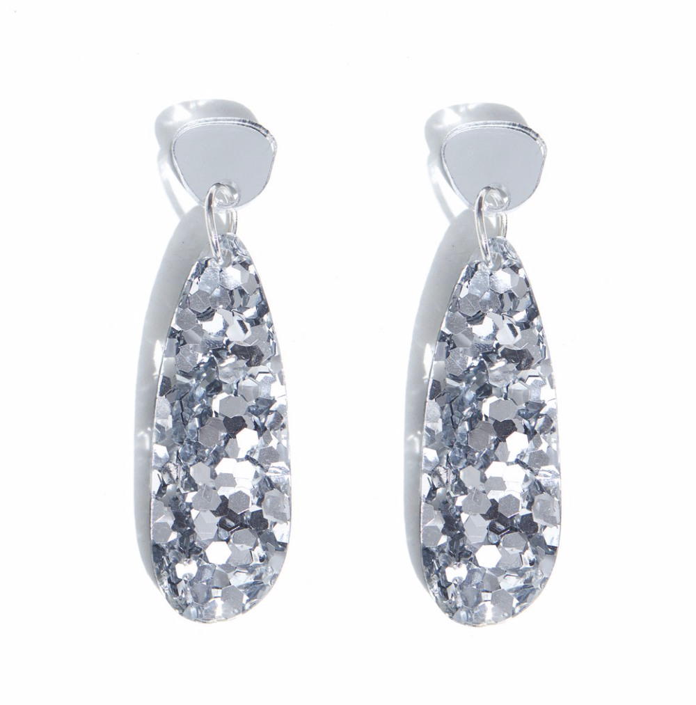 silver glitter drop earrings